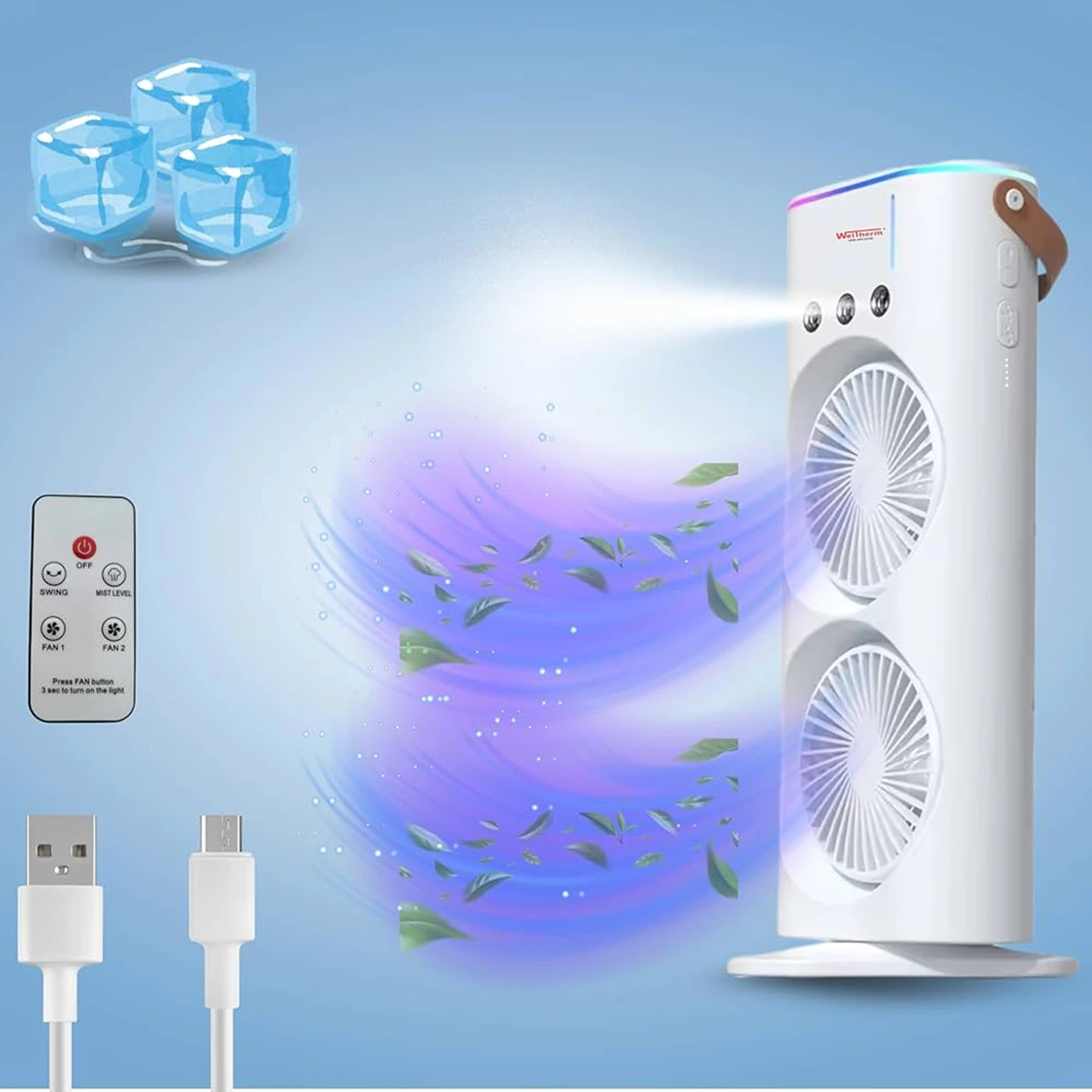 پنکه مه پاش دوقلو شارژی با نور RGB و ریموت دار